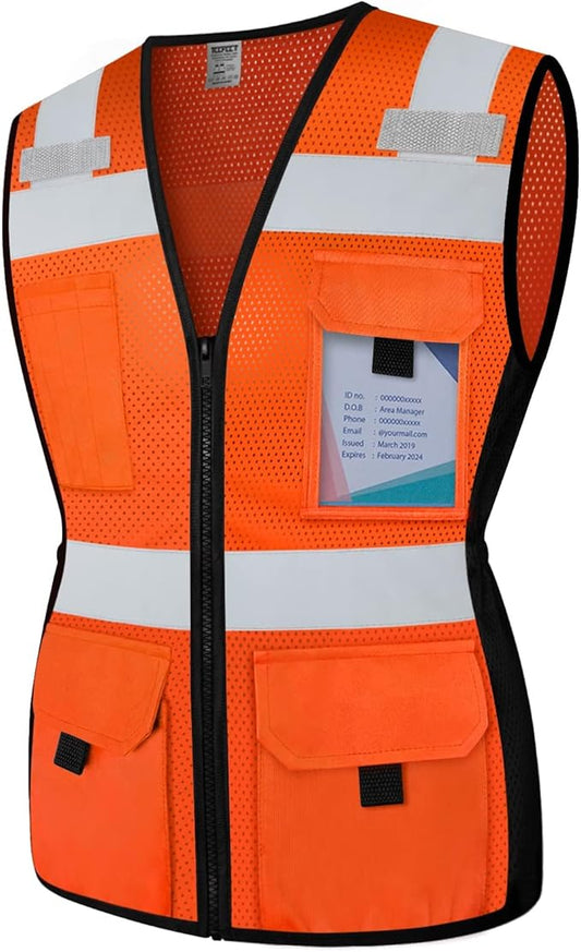 TCCFCCT Women Construction Work Vest 11 Pockets Snug-Fit High Visibility Reflective Vest with Zipper, Neon Safety Vest for Lady Contractors/Surveyors/Workers, Durable to Use, Meets ANSI, Orange XL