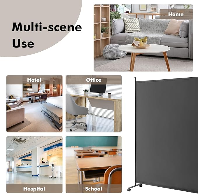Giantex Room Divider Large Single Panel, 73''W x 73''H Privacy Screen with Lockable Wheels, Rolling Room Divider Panel for Home Office Studio, Partition Fabric Wall Divider for Room Separation, Gray