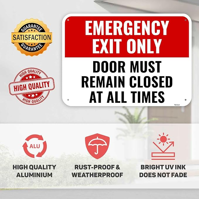2PC Emergency Exit Only Sign, 14 x 10 Inches - Aluminum - Door Must Remain Closed At All Times