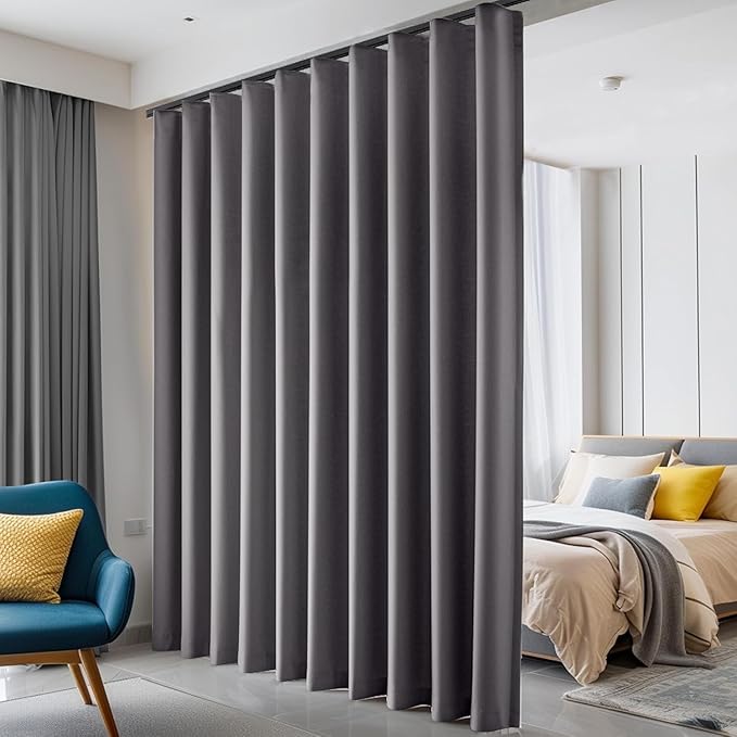 Room Divider Curtains Blackout Ceiling Track Curtain with Hook Wall Mount Sliding Door Curtains Ceiling Mount Extra Wide Curtain Wall Divider for Room Separation (Grey, W150 x H108 Inch)