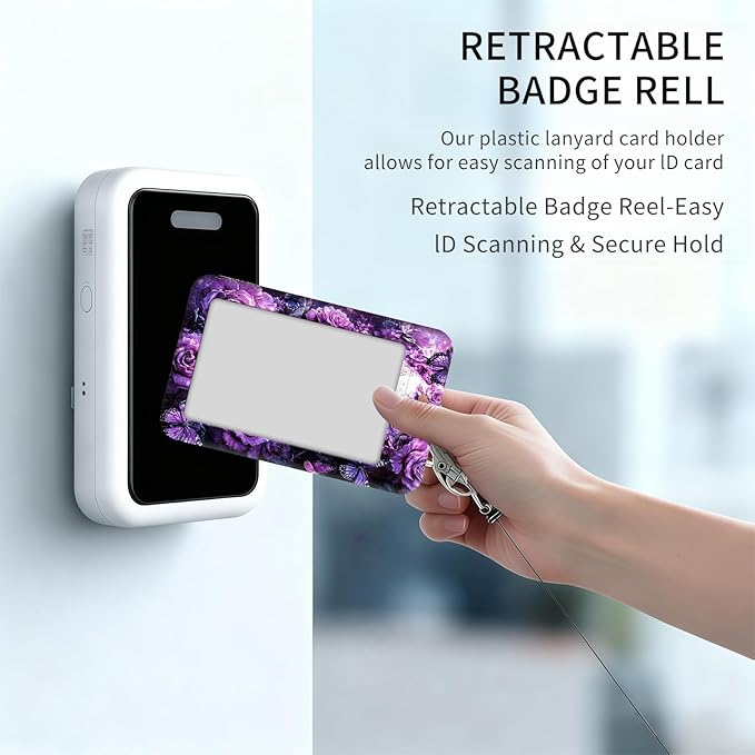 ID Badge Holder with Retractable Lanyard for Women & Men,Vertical ID Card Holder Wallet,Clear Window&Card Slot,Detachable Neck Strap for Nurse Teacher Office,Skull Purple Roses Butterflies