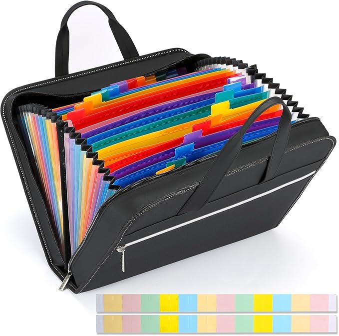 SEEKIND PU Leather Accordion File Organizer with Handle & Strap，12 Pockets Expanding File Folder with Zipper & Labels，Portable Document Organizer File for Letter A4 Files