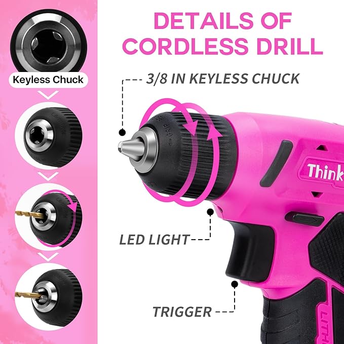 8V Pink Cordless Drill Set, 64 Pcs Pink Power Drill Tool Kit for Women, 3/8"Keyless Chuck Electric Screwdriver Driver Kit for Home DIY and Repair, USB Charger and Storage Box Included