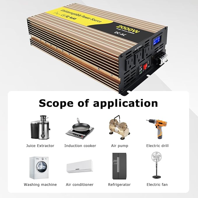 2000W Sump Pump Battery Backup Power System,Basment Protection Sump Pump Inverter with LCD Display and Automatic Battery Backup Switching for Basement Emergency and Power Outage Backup (Gold)