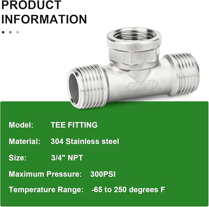 TAISHER 2PCS 304 Stainless Steel Tee Pipe Fittings, 3/4" NPT Male x 3/4" NPT Female x 3/4" NPT Male Pipe Fittings, Female Branch Tee