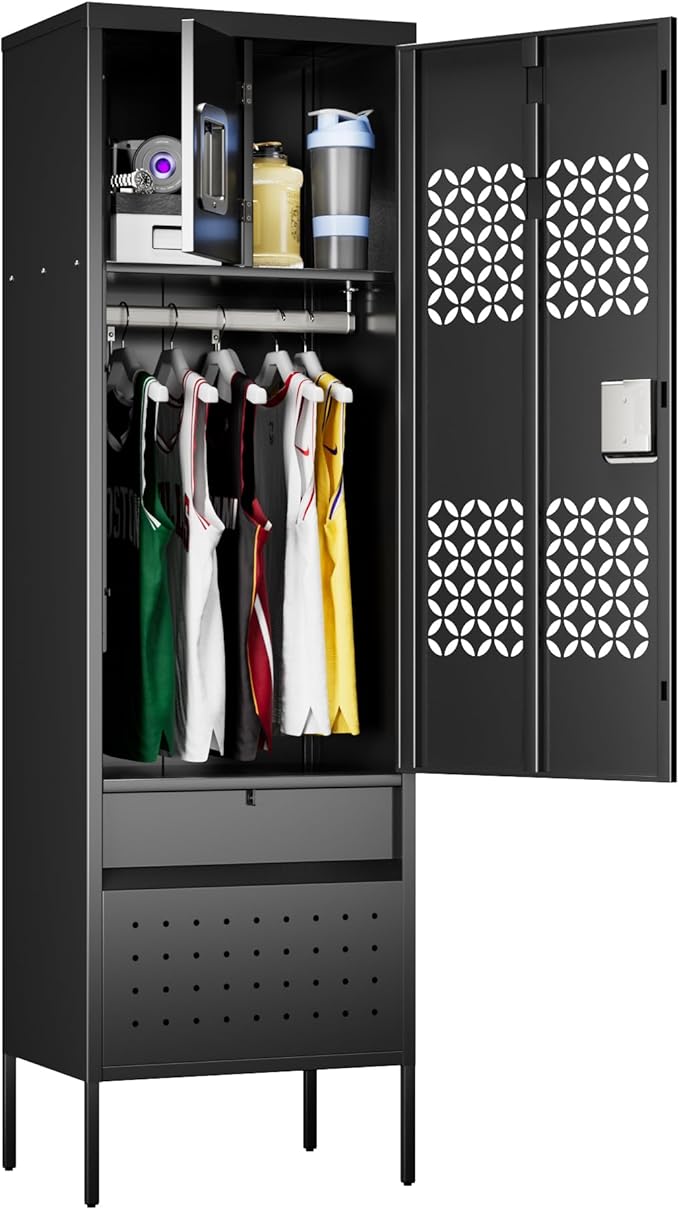 1 Door Metal Locker with Hanging Rod,Metal Storage Locker with Mesh,Suitable for Gym,Basketball Gym,Gymnasiums,Utility Room,Assembly Required,Black