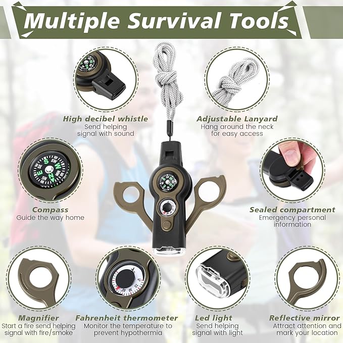 12 Pack Emergency Survival Whistle 7-in-1 Compass Hiking Survival Safety Whistle with Lanyard Outdoor Multifunctional Tool Ideal for Hiking Camping Rescue Signaling