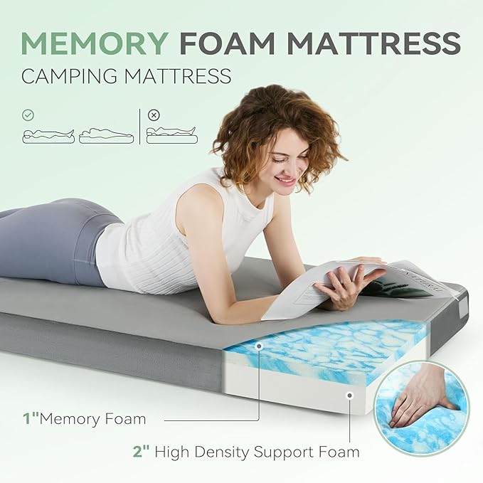 Sinweek Memory Foam Camping Mattress CertiPUR-US Waterproof Portable Roll Up Mattress for Adults Cot Mattress Car Van Sleeping Mat Pad with Carrying Bag