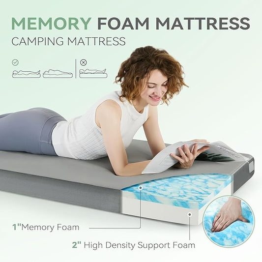 Sinweek Memory Foam Camping Mattress CertiPUR-US Waterproof Portable Roll Up Mattress for Adults Cot Mattress Car Van Sleeping Mat Pad with Carrying Bag