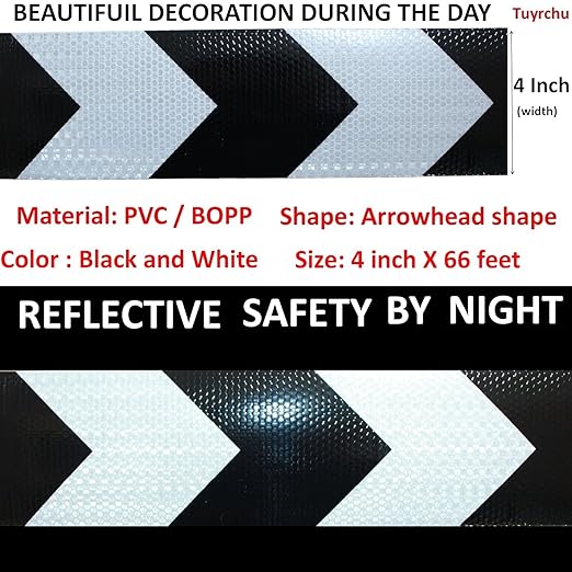 Black White Reflective Tape 4 inch X 66 feet, Outdoor Waterproof Hazard Conspicuity Warning Industrial Marking Tape