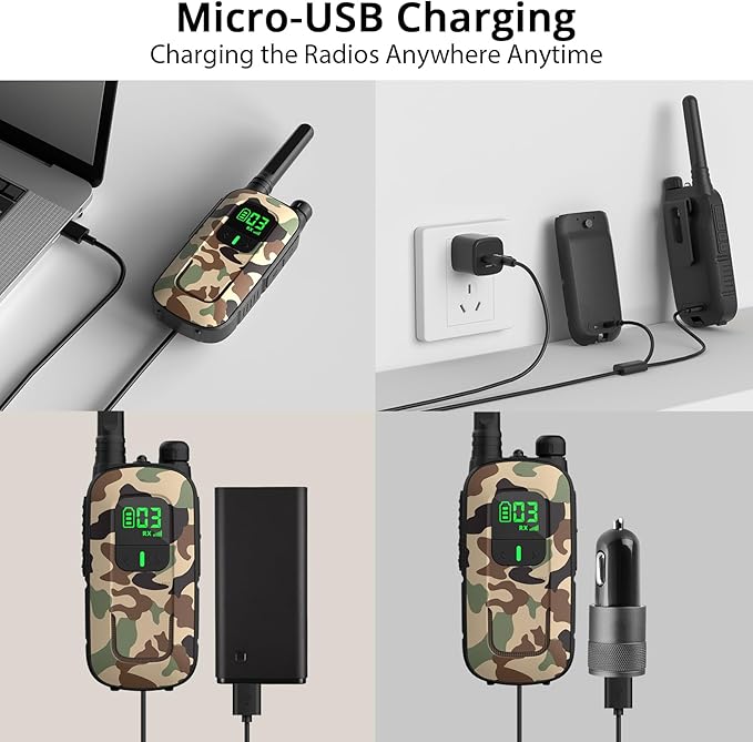 Radioddity FS-T3 Walkie Talkies for Adults Kids Long Range 4 Pack Rechargeable Walky Talky FRS Two Way Radio, 22 Channels USB Charging with Flashlight Earpiece for Camping (Desert Camo & Green Camo)