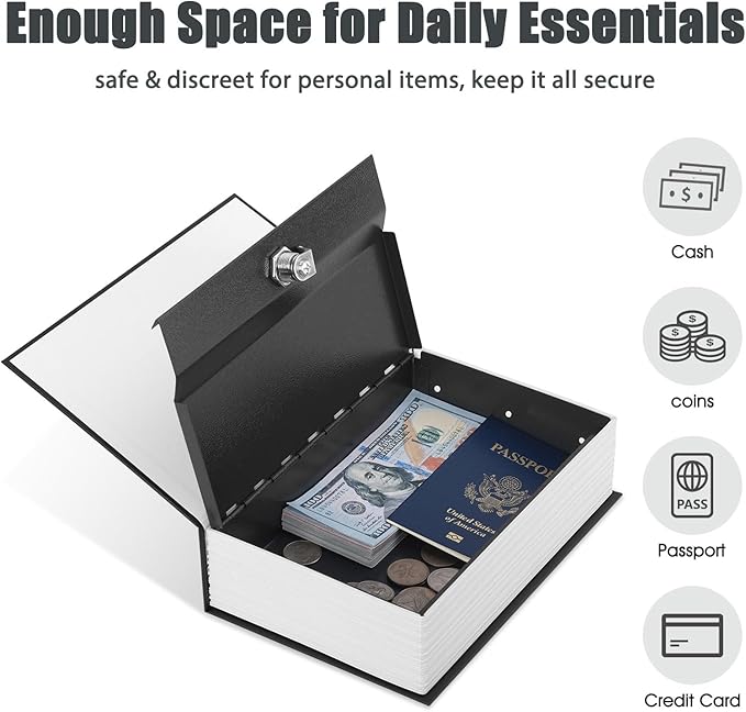 KYODOLED Diversion Book Safe with Key Lock, Secret Metal Lock Box, Collection, Money Hiding Box, 9.5" x 6.2" x 2.2", Black Large