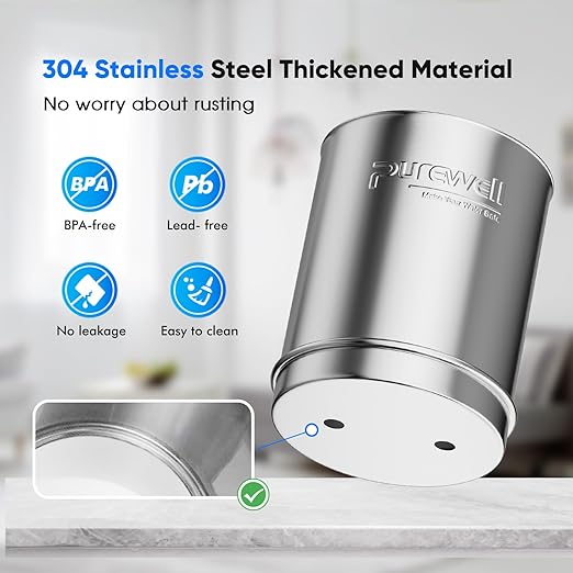 Purewell 2.25G Gravity Water Filter System with Water Level Window, 8-Stage 0.01μm Ultra-Filtration Stainless Steel Countertop System with 4 Filters and Stand, Reduce Fluoride and Chlorine, PW-KS-CF