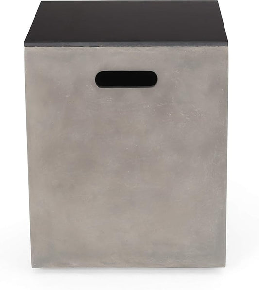 Propane Tank Cover Table for Fire Pits, 20 LB Concrete Propane Tank Holder with Side Handles, Outdoor Tank Storage Side Table for Patio, Gas Griddle, Black+ Gray, Ceramic Top