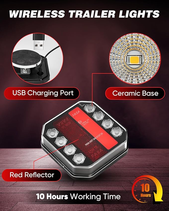 Saker Wireless Trailer Lights Magnetic, 2.4GHz Remote LED Tow Kit with 100FT Range & 1-Mile Visibility, USB-C Charging IP65 Waterproof for Trucks, RVs, Boats, Trailers