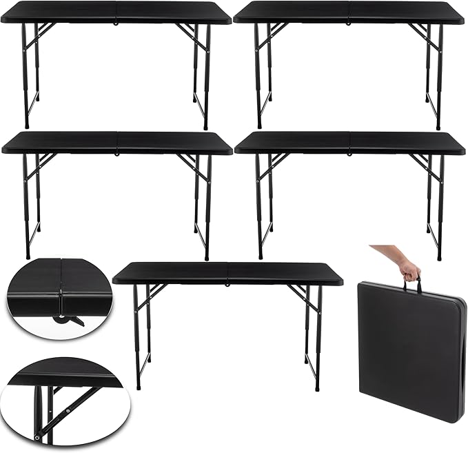 BTEXPERT Set of 5, Fold-in-Half Folding Utility Table 4Feet Lightweight Height Adjustable Portable Carrying Handle Indoor Outdoor Picnic Camping Office Home Party Easy to Clean Store Care Black