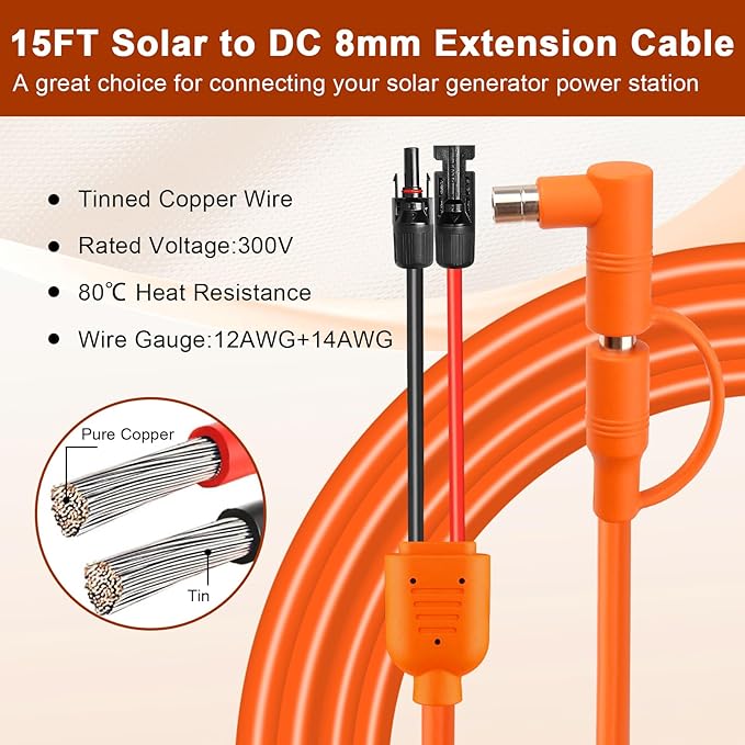 Solar to DC 8mm Charge Extension Cable 15FT,12AWG+14AWG Solar Cable with Solar Panel Connector to DC7909/8020 Compatible with Anker,GZ Yeti,BLUETT,Jackery Portable Power Station