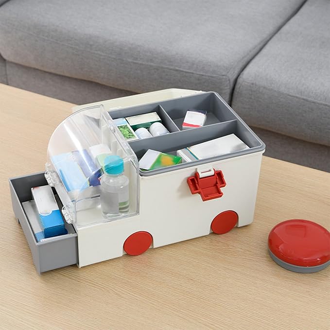 Storage Box, Portable Ambulance Shaped Emergency Aid Kit Organizer with Handle for Home, Travel and Medical Supplies Storage