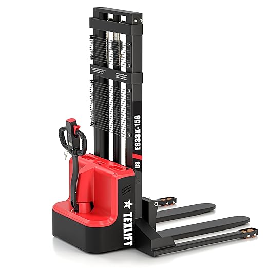 Full Electric Forklift Walkie Pallet Stacker with Fixed Straddle Legs and Adjustable Forks 5.50 Inch to 27 Inch – Material Lifter 3300lbs Capacity 13Ft/158 Inch Lifting Heights (US-ES33K-158)