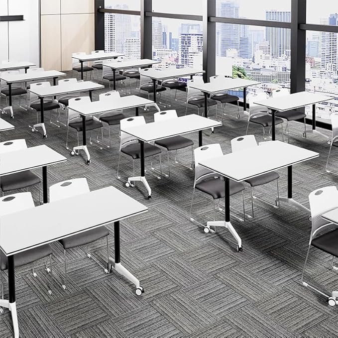 Conference Table, Folding Conference Room Tables with Flip-Top Design, Mobile Rectangular Modular Tables for Office Meetings and Training Sessions (White, 55.1×15.7×29.5in)