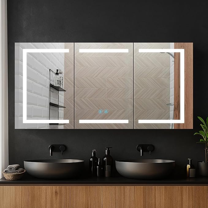 Blossom 60x26 LED Medicine Cabinet Mirror for Bathroom, Recessed/Surface Lighted Medicine Cabinet with Mirror, Anti-Fog, Dimmable 3 Color Makeup Mirror, Wall Mounted Storage
