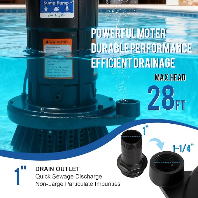 Weeflos 1.0HP Submersible Sump Pump, Automatic Water Pump w/ 4700 GPH High Flow, 18ft Max Head, for Dirty Water Removal, Flooded Basement, Swimming Pool Cover, Hot Tubs, Aluminum (1HP/28FT)