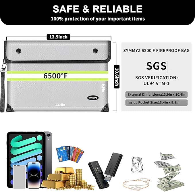 Upgraded Fireproof Document Bag with Waterproof Zipper,9 Layers of Heat Insulated Materials,6200°F Fireproof Money Bag for Cash,Valuables and Important Documents