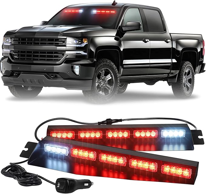 XRIDONSEN 34 inch Red Visor Emergency Light Bar Interior Windshield Strobe Lights 40 LED Warning Safety Flashing Hazard Light w/White Take Down for firefighter Police Vehicles POV Fire Trucks
