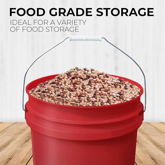 5-Gallon Red Bucket Pail with Gamma Seal Screw on Airtight Lid, Metal Handles with Plastic Grip for Easy Carrying, Easy Stack and Store, Heavy-Duty 90MIL Extra Durable, Food Grade, BPA Free - 1 Pack