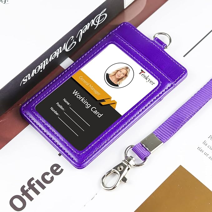 Teskyer Badge Holder with Lanyard, Leather ID Name Badge Card Holder with Lanyard for ID Badges, Vertical Purple