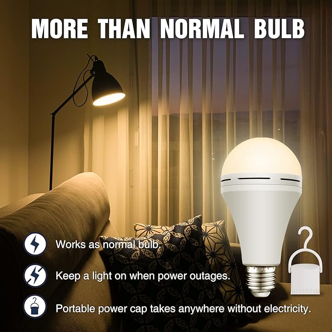 Neporal Emergency Rechargeable Light Bulbs Stay Light Up When Home Power Failure, 15W 80W Equivalent LED 1200mAh Self Charging Emergency Light Bulb for Power Outage, Camping, Tent (Warm White 4PK)