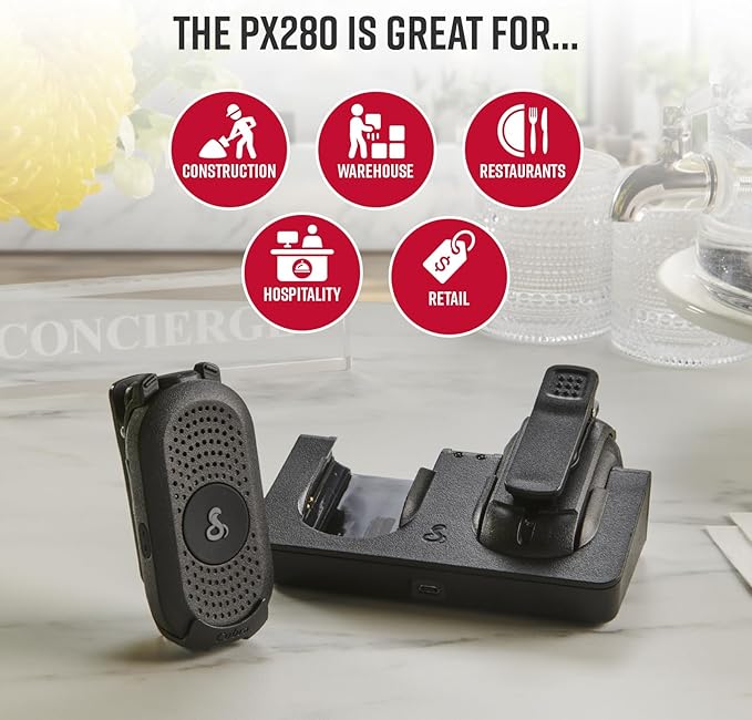 Cobra PX280 Compact Portable FRS Two-Way Radios - IP54 Certified Durability, Dock Charging, 12-Hr Battery, Compact Wearable Form Factor Professional Walkie Talkies for Business (6-Pack with Headsets)
