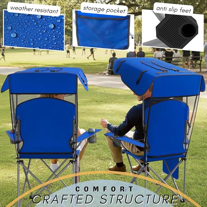 Portable Folding Camping Chairs with Canopy Shade, Beach Chair for Adults, Durable Weather Resistant 600D Oxford Cloth, Camping Chair with Canopy for Outdoors [Blue-2 Pack]