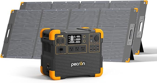 Pecron E2400LFP Portable Solar Generator and 2×300W Foldable Solar Panel, 2048Wh LiFePO4 Home Battery Backup, 3 AC Outlets 2400W Portable Power Stations for Camping, RV, Emergencies, Power Outages