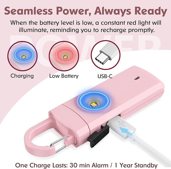Rechargeable Personal Alarms for Women - Christmas Birthday Gifts for Women, Stocking Stuffers for Teen Girl, Daughter, Safety Keychain Flashlight, Siren Alarm, Travel College Essentials (Pink)