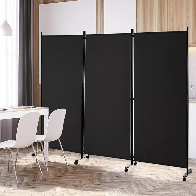 Giantex 3 Panel Room Divider with Wheels, 103''W x 71''H Folding Privacy Screen, Rolling Partition Room Dividers for Home Office Studio, Freestanding Fabric Wall Divider for Room Separation, Black