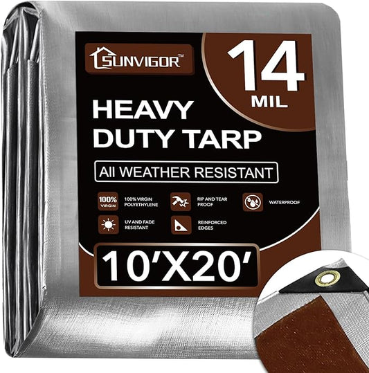Sunvigor Tarp Waterproof 10x20Ft, Heavy Duty Tarp Cover Extra Thick 14 Mil Tear and UV Resistant, Outdoor Tarps with Grommets and Reinforced Edges for Roof, Camping, Patio, Pool, Boat