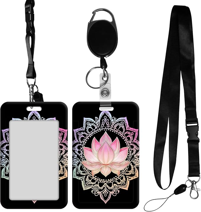 ID Badge Holder with Retractable Lanyard for Women & Men,Vertical ID Card Holder Wallet,Clear Window&Card Slot,Detachable Neck Strap for Nurse Teacher Office,Lotus Flower