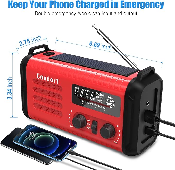20000mah Emergency Radio, Solar Hand Crank Portable AM FM NOAA Radios, Rechargeable Battery, SOS Alarm, Flashlight, Reading Lamp for Home Outdoor Emergency (Red)
