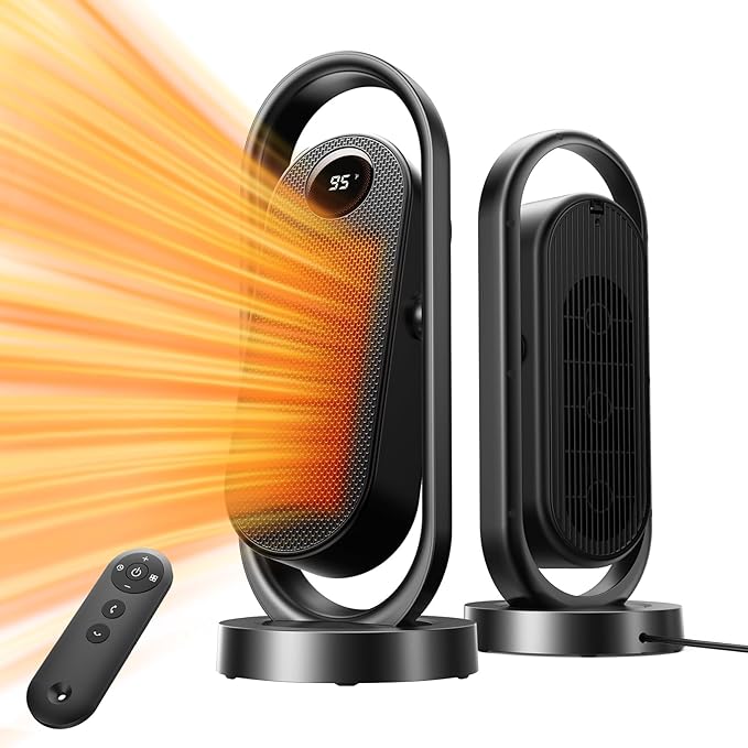 RANVOO Space Heater, Electric Portable Heaters for Indoor Use with Thermostat, Wide Oscillation, ECO and Fan Mode, 1-12H Timer, 1500W PTC Ceramic Fast and Safe Heater for Office, Large Room