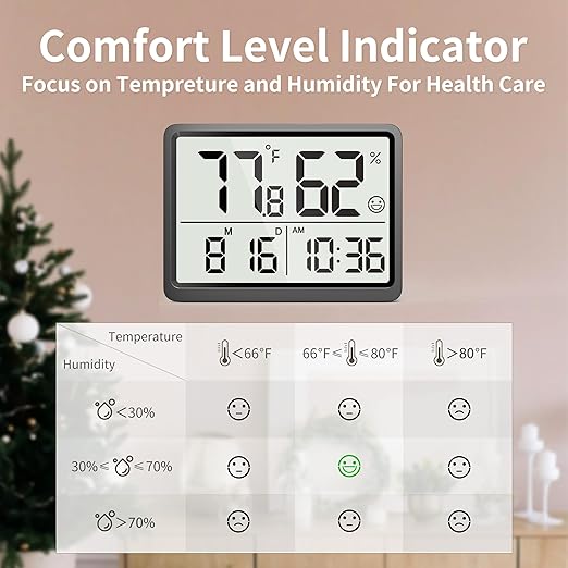 DOOMAY Room Thermometer Indoor - Hygrometer Temperature and Humidity Monitor with High Accuracy Sensor LCD Display Large Display Date Clock for Kitchen Baby Room Office (Black)