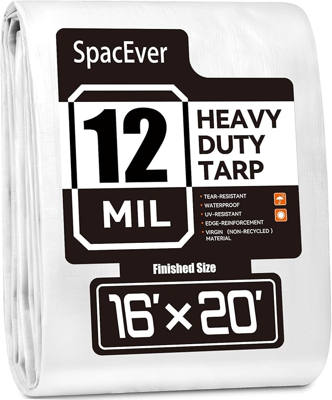 Tarp Heavy Duty 16x20 FT, 12 Mil Thick Large Tarps Water-Proof with Grommets, UV& Tear Resistant, Plastic Cover for Pool Roof Tent Outdoor Firewood, White