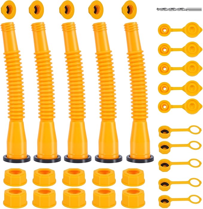 Gas Can Spout Replacement 5 Kits, 1/2/5/10 Gallon Gas Can Nozzle Replacement, Leak Proof, HDPE Material, Yellow, 8 Inch Flexible Nozzles, Spout Cover, Base Cap, Screw Collar Caps, Drill Bit