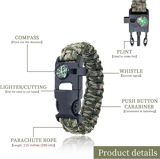 Survival Bracelets 4-Pack | 5-in-1 Paracord Bracelet Set with Fire Starter, Compass & Whistle | Emergency Outdoor Gear for Camping, Hiking