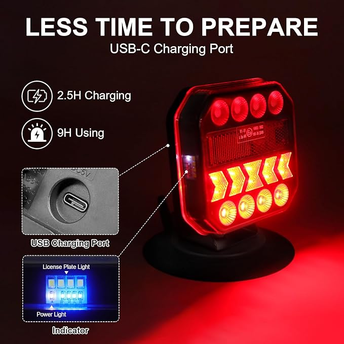 Agrieyes USB-C Wireless Trailer Lights, Adjustable Magnetic Tow Light with Retroreflectors, Rechargeable Towing Light Kit Reverse for Trucks, Boat, RV, Vehicle, Caravan