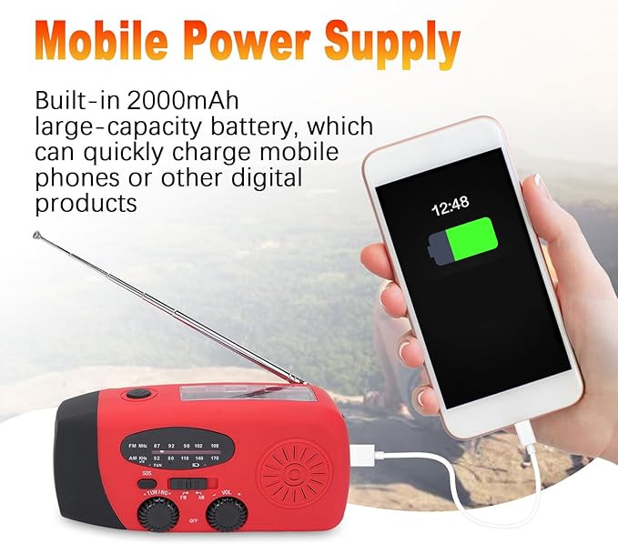 Yunir Emergency Radio, Solar Hand Crank Portable AM FM Radio Phone Charger with 2000mAh Battery, for Camping Hiking Power Outage (European Version)