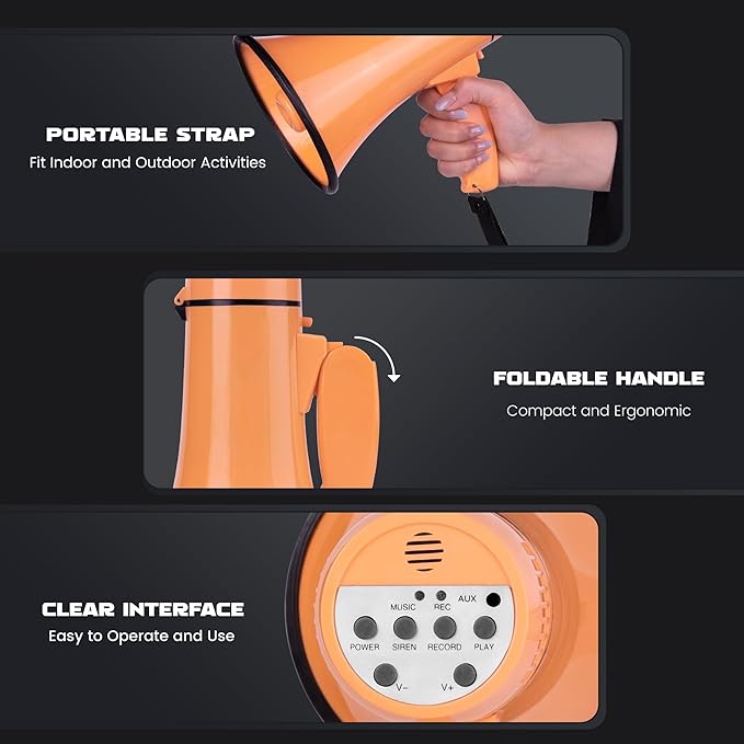 Portable Megaphone Bullhorn 20 Watt Power Megaphone Speaker Voice and Siren/Alarm Modes with Volume Control and Strap (Light Orange)
