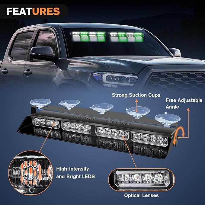Nilight 32LED Green White Emergency Dash Strobe Lights with Controller Suction Cups Warning Hazard Interior Front/Rear Windshield Deck Split Light Bar for Truck Construction Vehicle