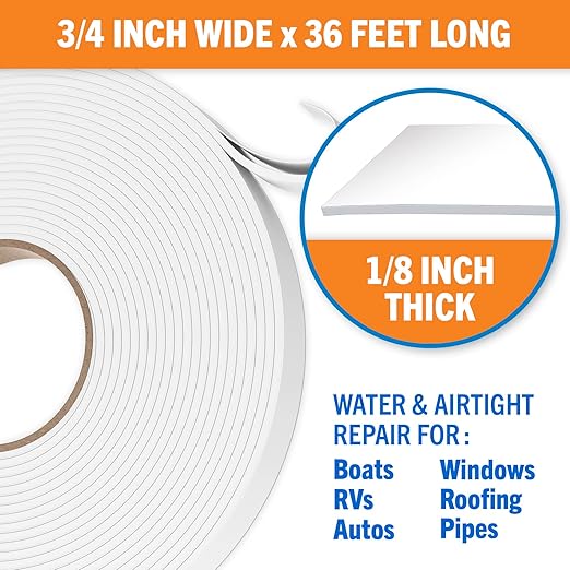 Butyl Tape, RV and Marine Window Seal Kit, White Double-Sided Putty Tape, 1/8" x 3/4" x 36 Ft, Waterproof Rubber Caulking for Boat, RV Windows, and Outdoor Sealing