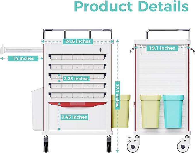 Medication Bins Cart with 200 Bins, 10 Drawers - Dual-Sided Open, 50 Medicine Boxes, Hidden Sub Workbench, Silent Casters, Container, 2 Trash Bin-Medical Crash Cart for Clinic, Hospital and Lab